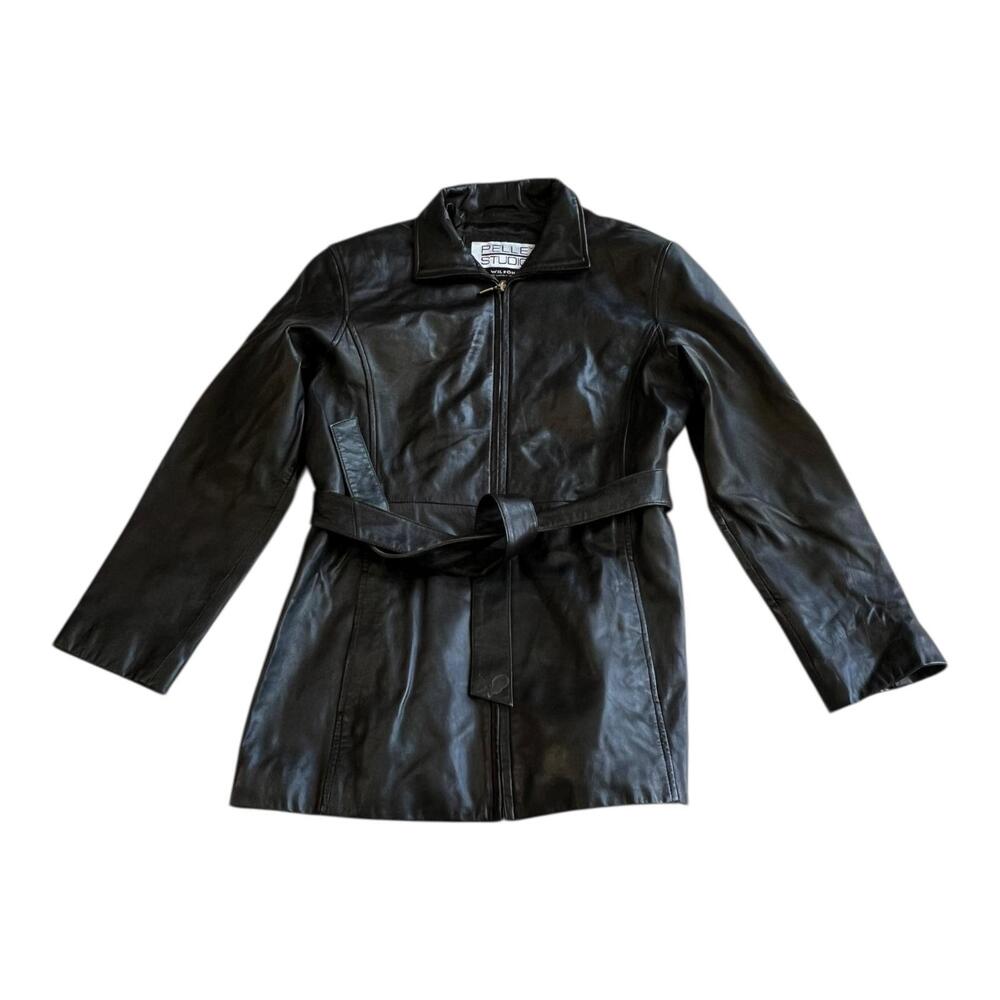 Pelle Studio Wilsons Leather Trench Coat Womens Large Black Belted Mid Length